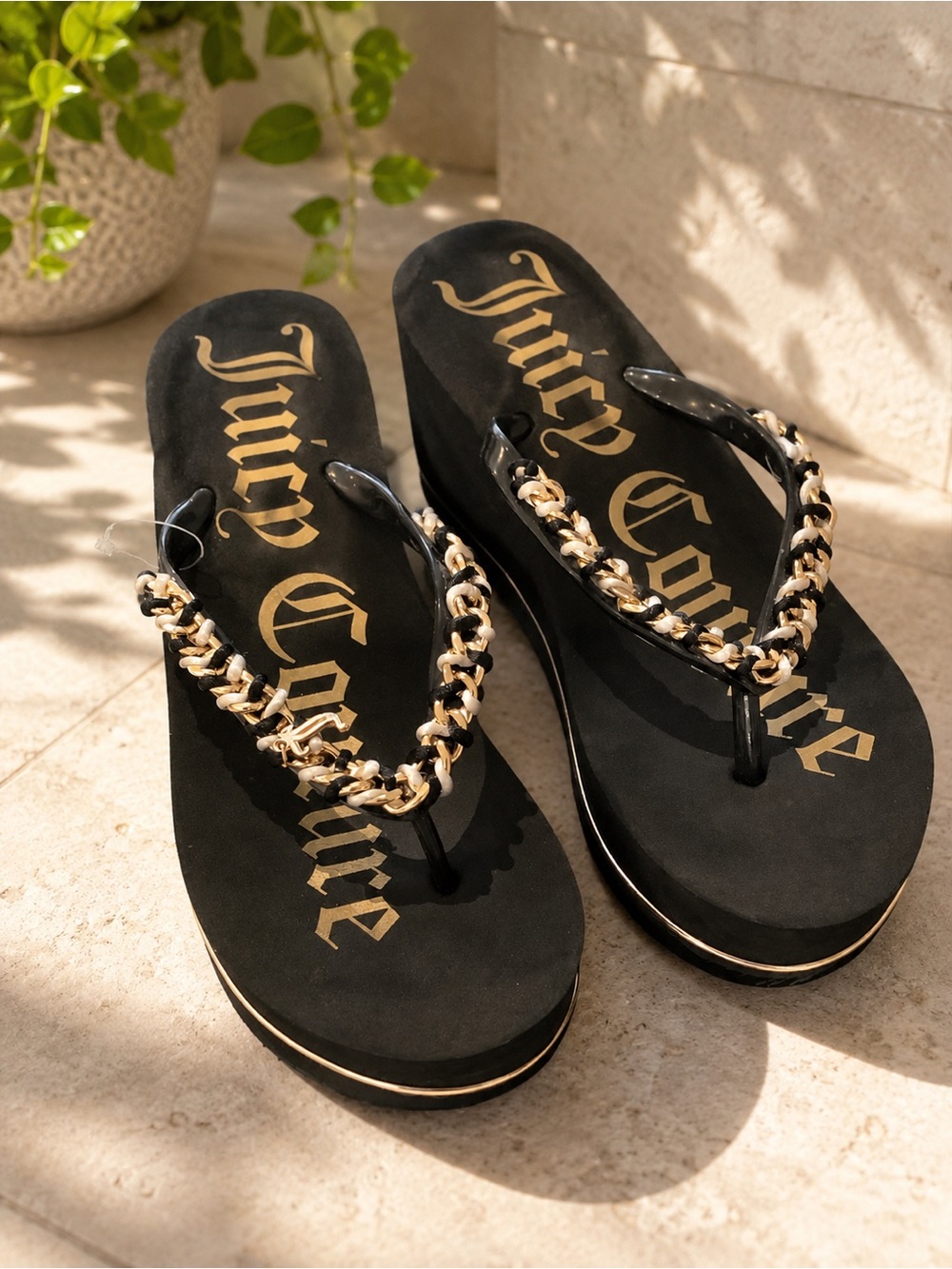 Juicy Couture Black Flip Wedge Sandals with Gold Chain Trim